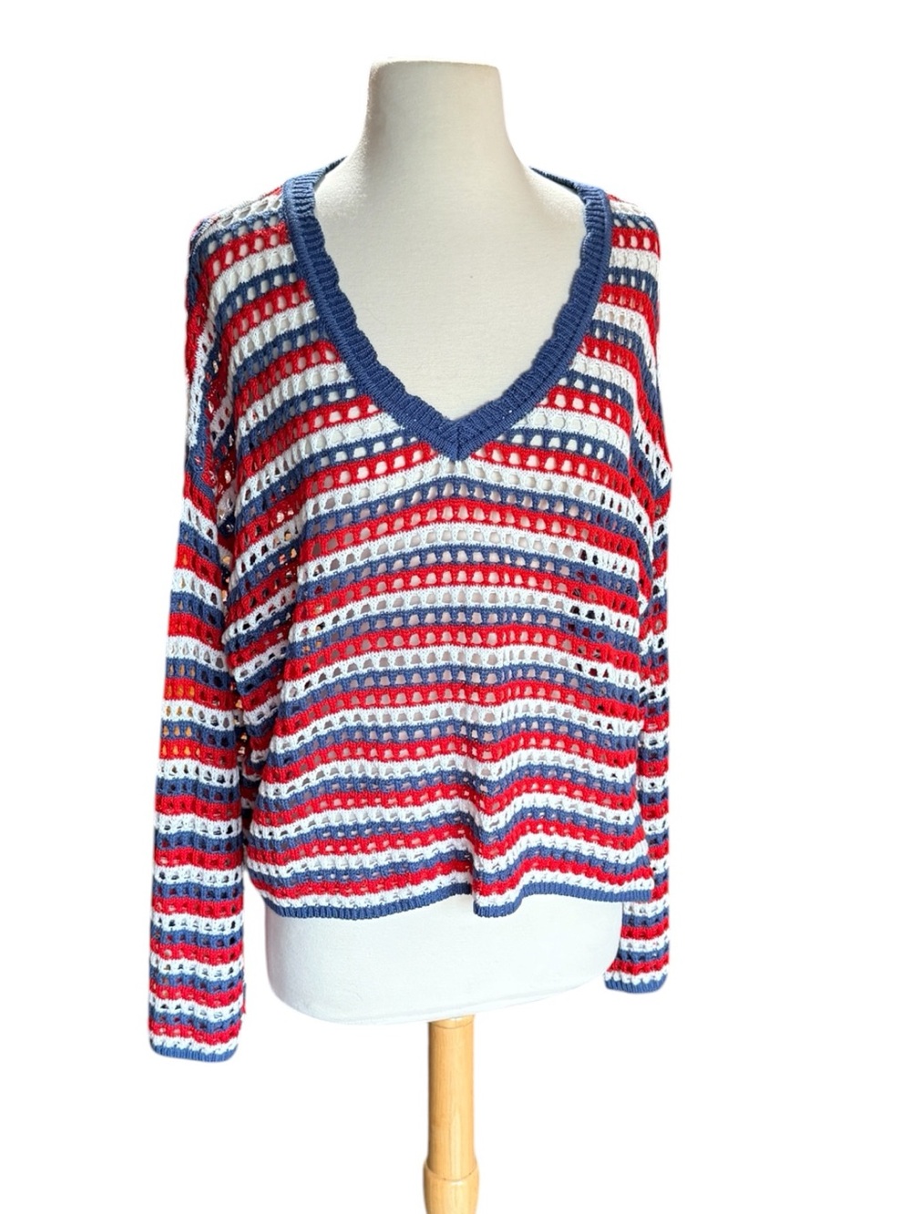 Pink Lily Oversized Cropped Knit Open Weave Red, White, and Blue Sweater